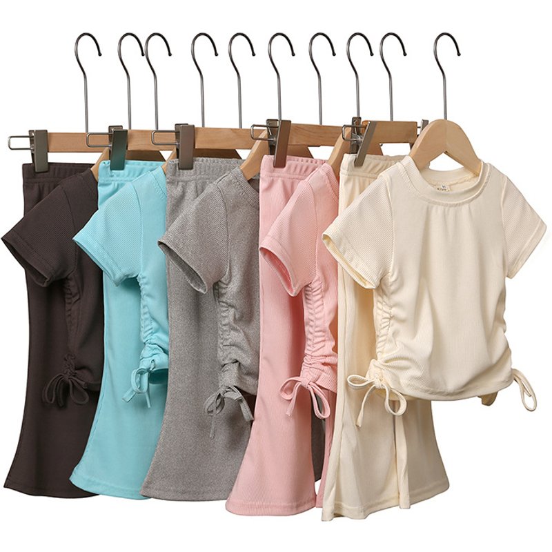 Mother & Kids Girls short-sleeved suit summer 2024 new solid color baby bell pants thin casual two-piece set trendy Korean version