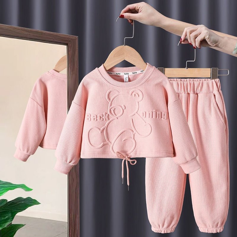Kid's Clothing Girls Suits 2025 New Small And Medium Sized Children's Cartoon Bear Sweatshirts With Cuffs And Trousers Two Piece Suits