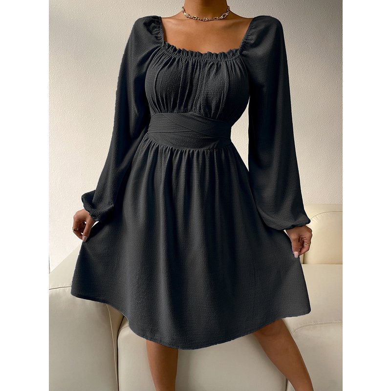 Pullover Square Neck Long Sleeve High Waist Lace up A-line Dress Temperament Commuter Dress