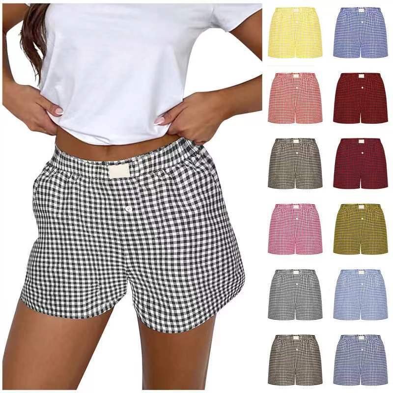 Shorts For Women Teen-girls Elastic Waistband Pull-on Red Blue Plaid Shorts Outfit Casual Lounge Summer Shorts