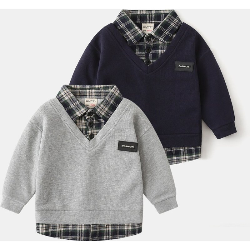 Children's Fake Two Piece Sweatshirt Wholesale 2025 New Korean Version Boy Baby Shirt Collar Splicing Sweatshirt One Piece Drop Shipping