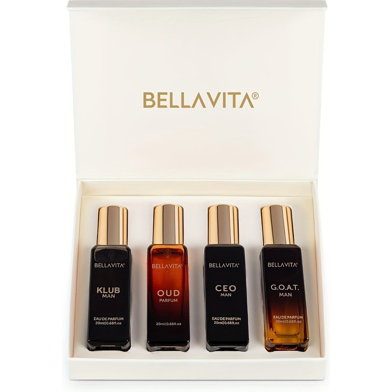 BellaVita Men's Luxury Perfume Set- Long-lasting Agarwood, Woody, Citrus Fragrance Series KLUB/OUD/CEO/G.O.A.T Portable