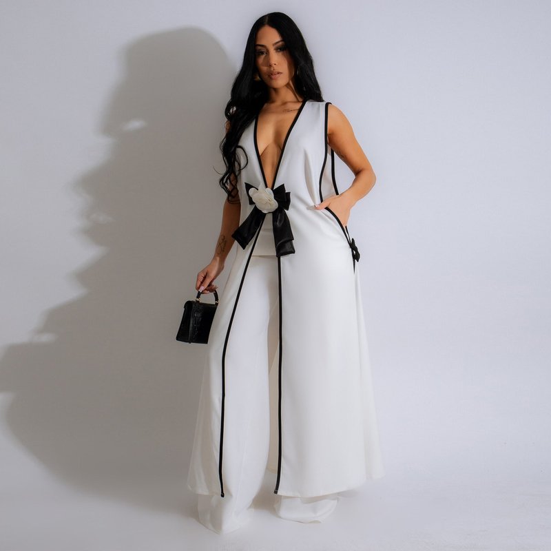 Women's Clothing Hot sale fashion ladies suit sexy camellia bow sleeveless long vest dress wide leg pants suit