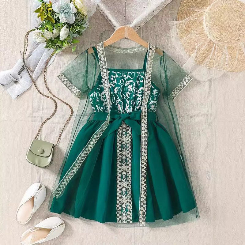 Kids’ Clothing Spring And Summer Style Ins Style Girls' Mesh Outer Shawl + Suspender Dress Suit Cross Border Exclusive Supply