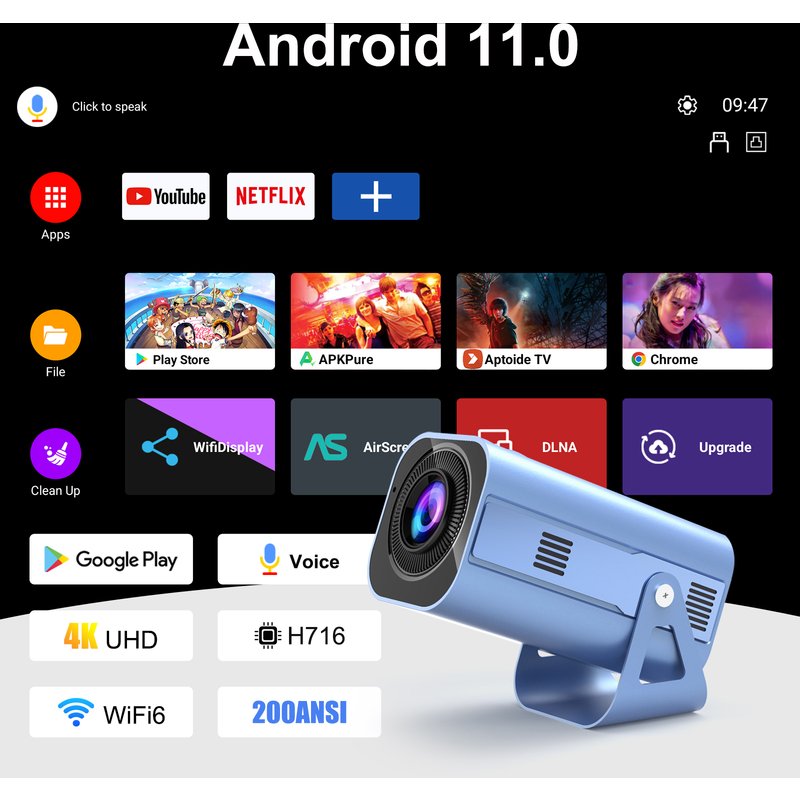 H96 MAX Projector B11 4K Android11 Dual Wifi6 200ANSI Allwinner H716 2GB 16GB BT5.0 1080P 1280*720P Home Cinema Outdoor
