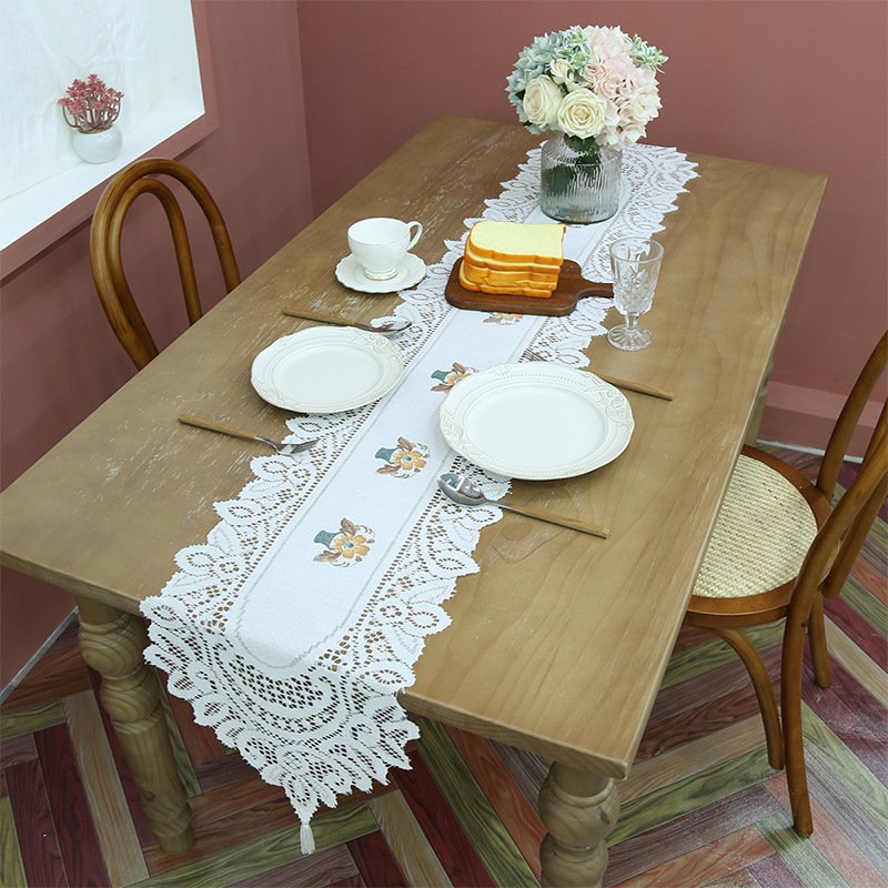 Vintage Lace Table Runner With Floral Print & Tassels - American Style Dining Decor For Home (Set Of 2)