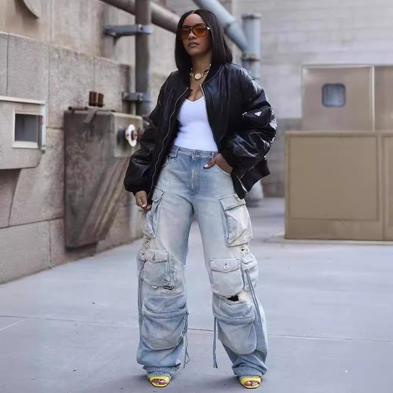 Women's Clothing Multiple Pockets Workwear Leisure Motorcycle Heavy Washed And Ripped Jeans