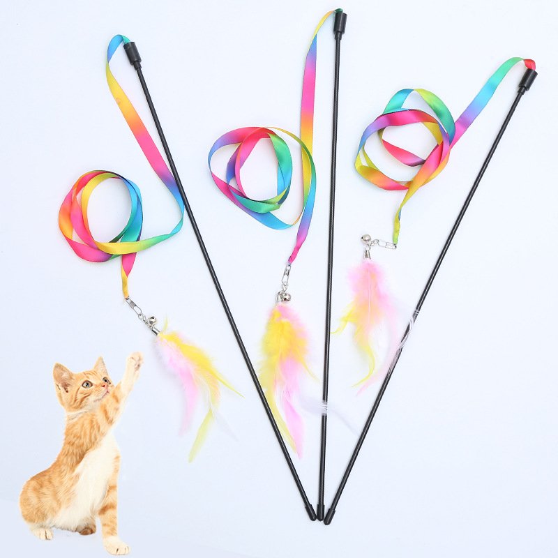 Unisex Pet supplies Rainbow cloth strip with feather teasing wand can replace interactive play cat toys