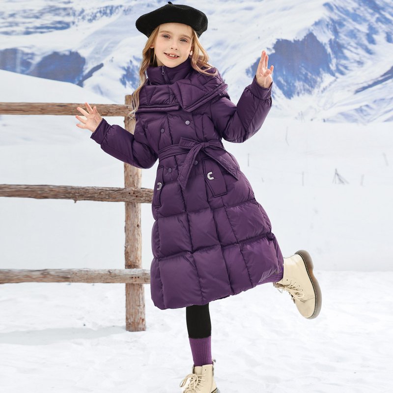 Girls' down cotton thickened and warm, long length jacket, stylish, medium to large size, waist cinched, children's 2024
