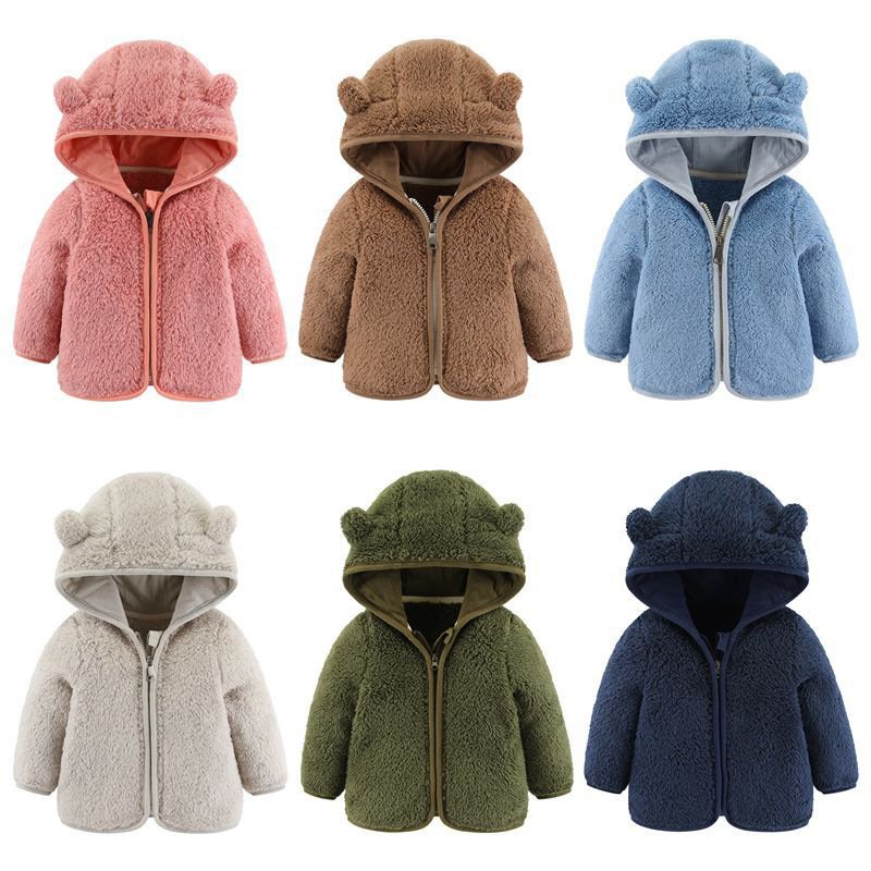 Mother & Kids Boys Girls Winter Fleece Hooded Jacket With Zipper - Soft & Warm Outerwear For Babies & Toddlers (0-24M, 70-140cm) - Pink/Brown/Blue