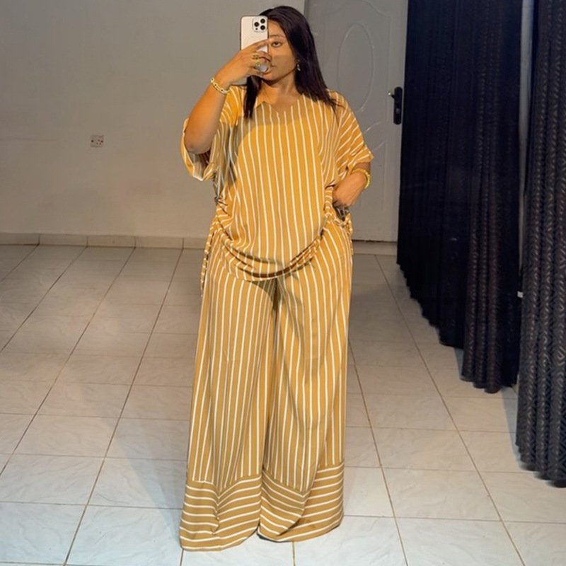 European And American Cross Border Women's Clothing 2025 Summer New Casual Loose V Neck Striped Short Sleeved Top Wide Leg Trousers Suit