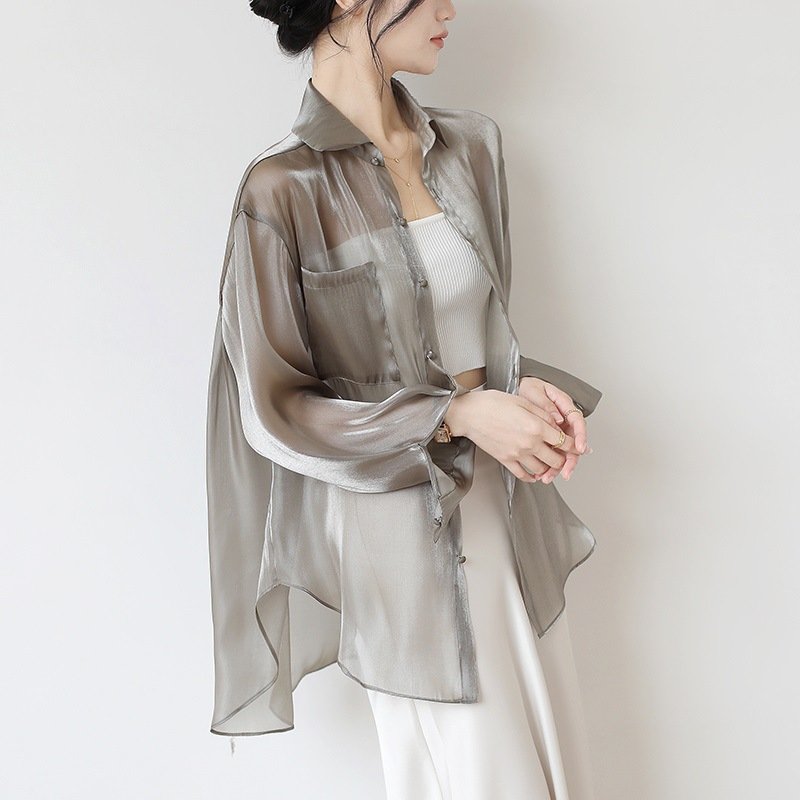 Women's clothing women's thin cardigan shawl summer collocation suspender skirt outer cover tencel shirt chiffon top