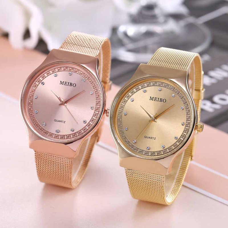 Yamaler Fashion Women Rhinestones Inlaid Round Dial Analog Mesh Strap Quartz Wrist Watch