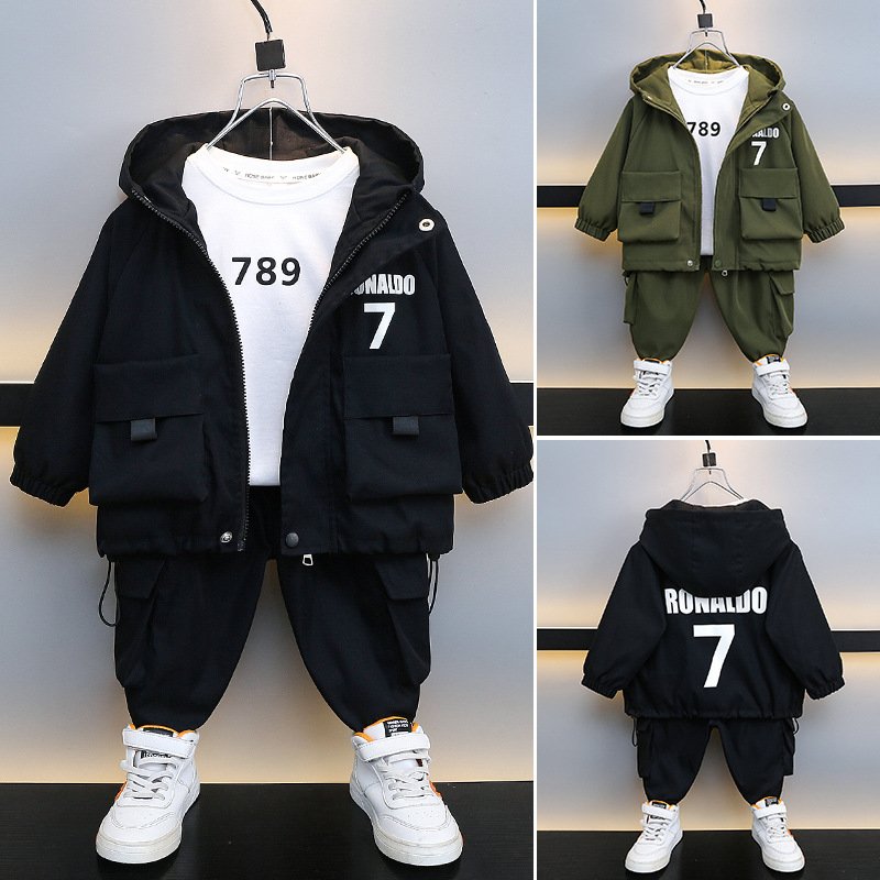 Boys' Spring Outfit Set 2-Piece Cotton Hooded Tracksuit For Toddler & Kids (3-8 Years) Long Sleeve Jogger Pants Black/Green​