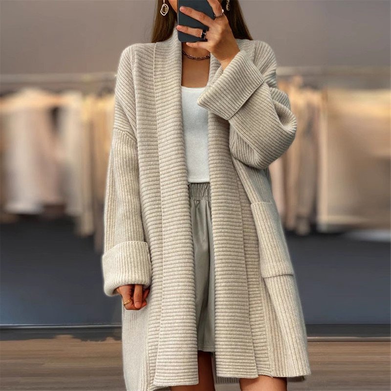 women's clothing women's thickened mid-length solid color knitted cardigan loose pocket sweater jacket