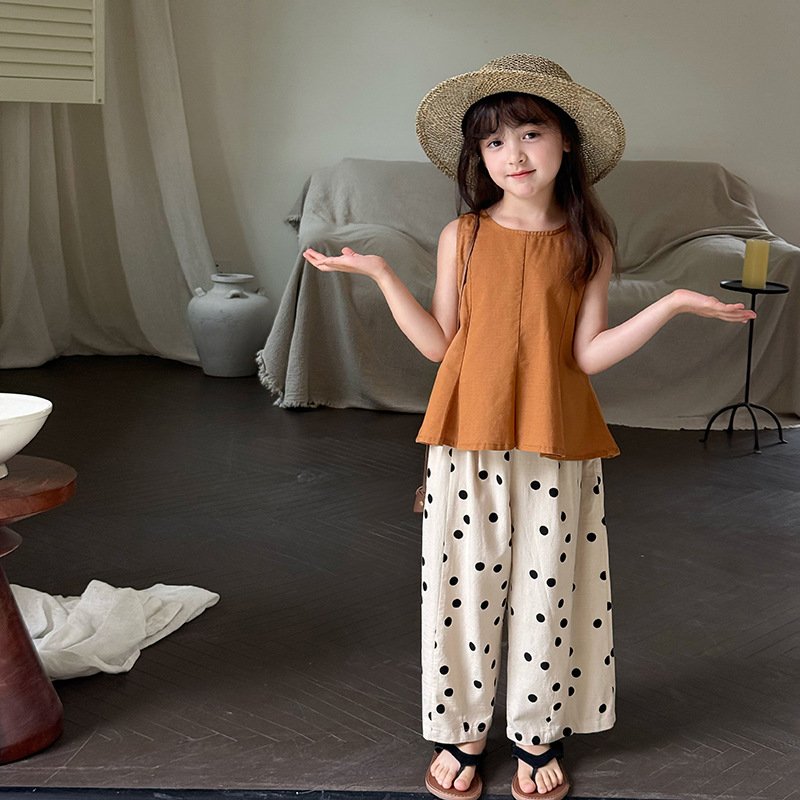 Bohemian Sleeveless Top For Girls – Breathable Linen-Cotton Blend Round Neck Tank (90-170cm, Pumpkin & Polka Dot)