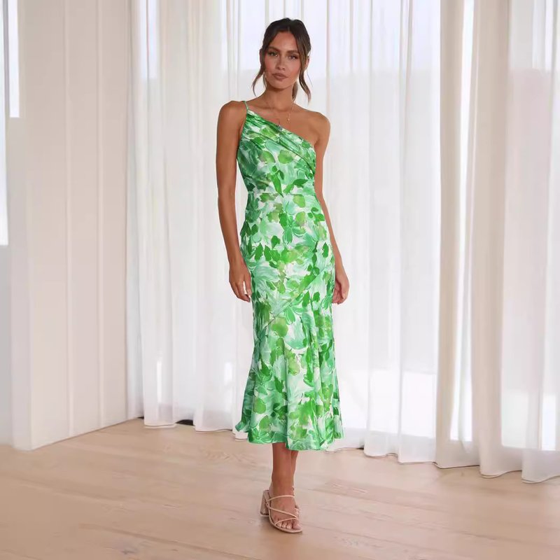 Women's Clothing Temperament Oblique Collar Suspenders Fishtail Print Dress