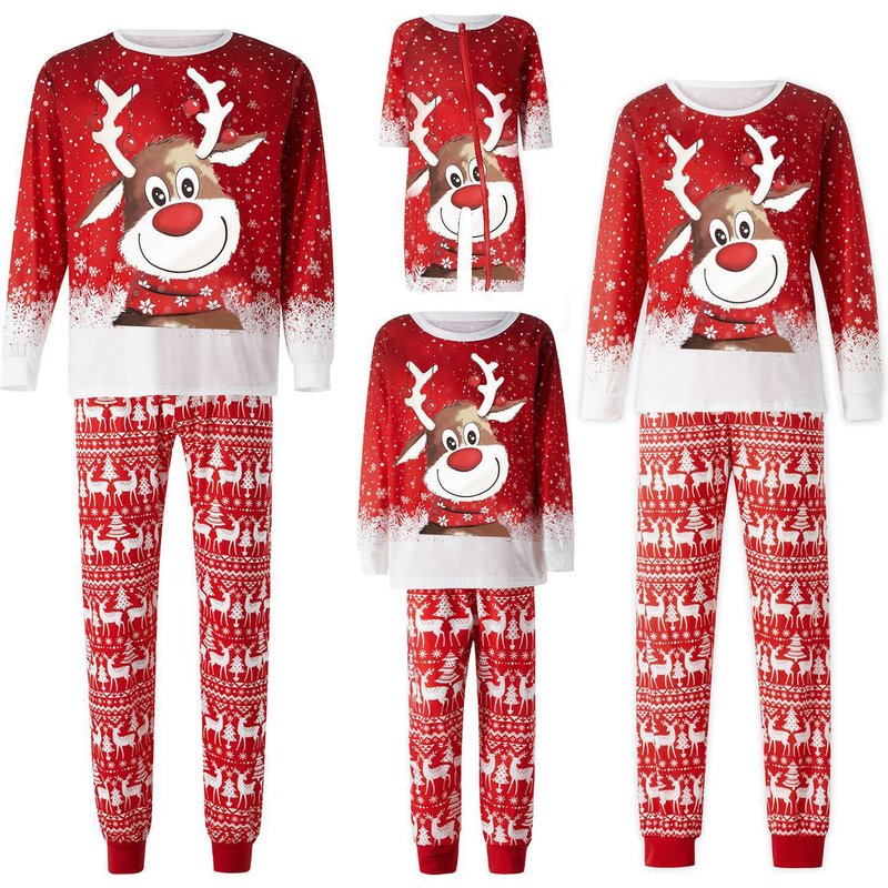 Mother & Kids Cozy Christmas Family Matching Pajama Set With Cute Snowflake Deer Print - Red & White Antler (Sizes For Dad, Mom, Kids, Baby & Pets)