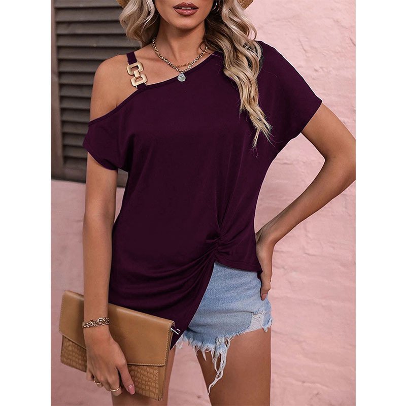 Women's clothing summer new temperament one-shoulder button short-sleeved T-shirt top