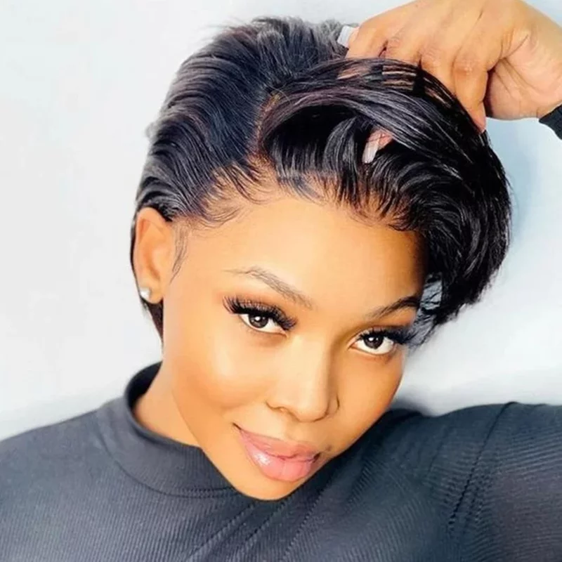 Pixie Cut Lace Front Human Hair Bob Wig PrePlucked Baby Hair 13X4 Transparent for Black Women