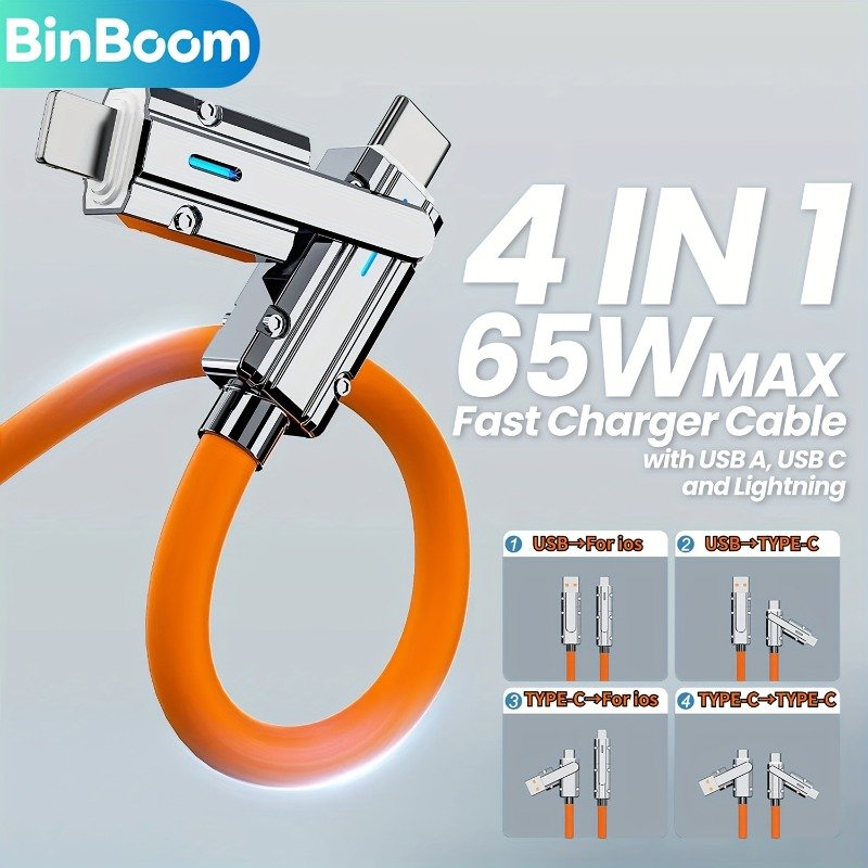 4-in-1 Fast Charger Cable - 65W Quick Charging With Lightning, USB-A, And USB-C Connectors For IPhone 16/15 Series, Multi-Device Charging Solution