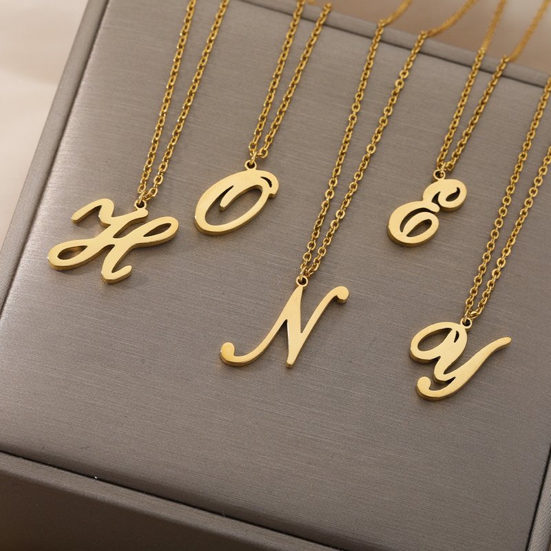 new uppercase A Z stainless steel 26 English letters necklace melon seed clasp real gold plated men's necklace