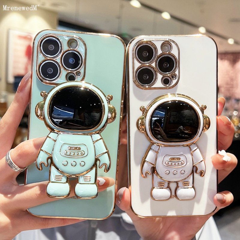 Folding Cartoon Astronaut Stand Phone Case For iPhone 11 12 13 14 Pro Mini XR XS Max Soft Plating Frame Cover on SE2 6 7 8 Plus