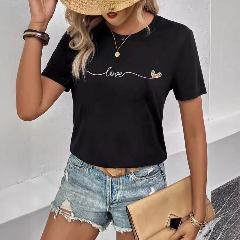 women's casual black round neck short-sleeved T-shirt with letter heart print simple sports top