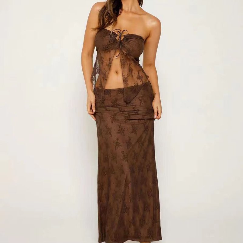 Women's Clothing Lace Hot Girl Holiday Style Perspective Sexy Rose Hollow Long Skirt Waist Suit