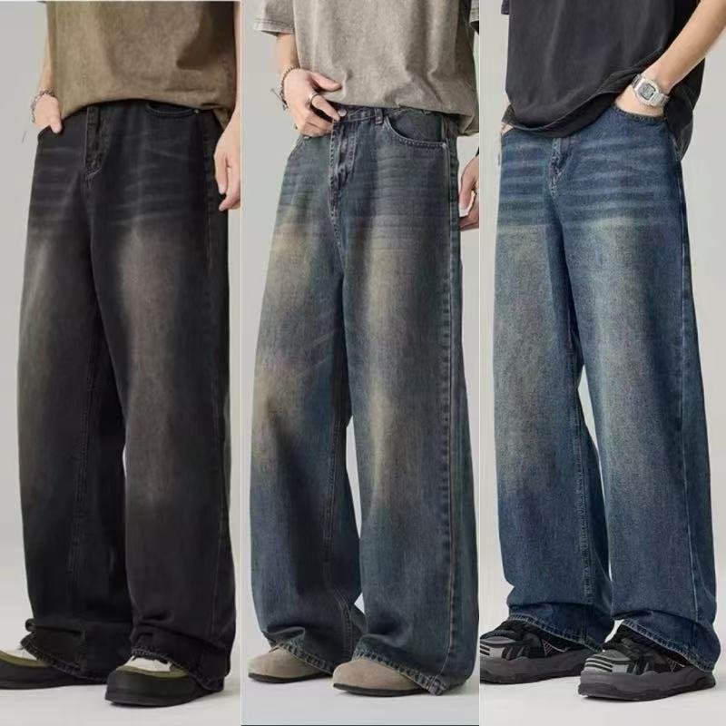 Men’s Washed Wide-Leg Jeans – Retro Distressed Loose Straight Pants (Black Gray/Light Blue/Retro Blue/Nostalgic Blue, S-3XL)