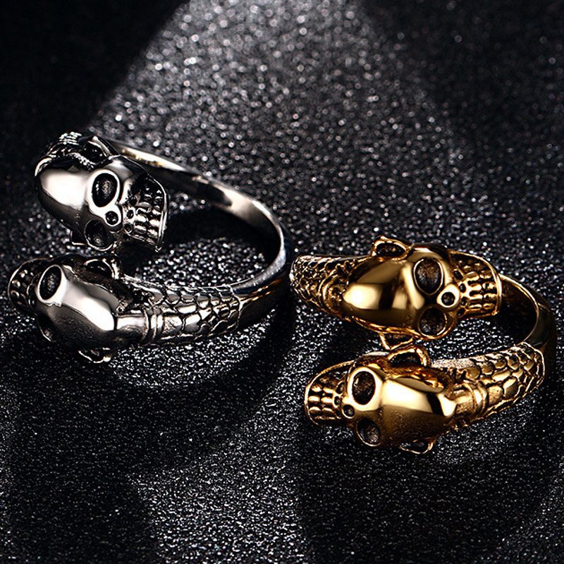 Antique Skull Rings Men Women Gothic Punk Stainless Steel Snake Ring Open Adjustable Finger Jewlery Rings Skull Heads