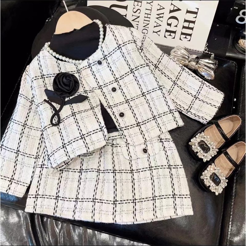 Kids’ Clothing Autumn New Fashion Girl Temperament Coat Short Skirt Small Fragrance Style Round Neck Plaid Skirt Suit