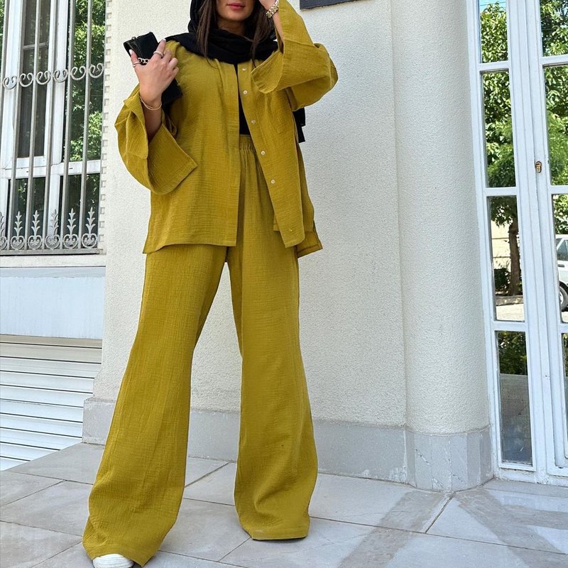 Women's Clothing fashion loose large size long-sleeved shirt high-waisted trousers suit