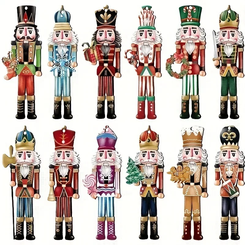 12pcs Wooden Christmas Nutcracker Soldier Pendant Xmas Tree Hanging Drop Ornaments Navidad Decoration For Home New Year Gift