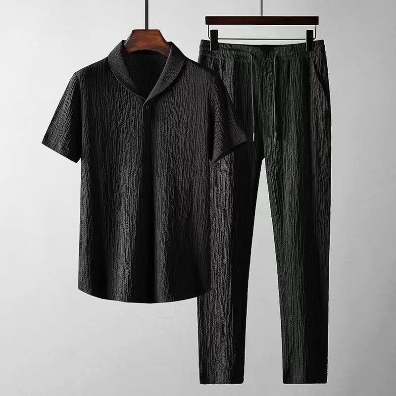Men's Solid Color Suit Thin Casual Sports Suit Men's Fashion Short-Sleeved Trousers Trend Light Luxury