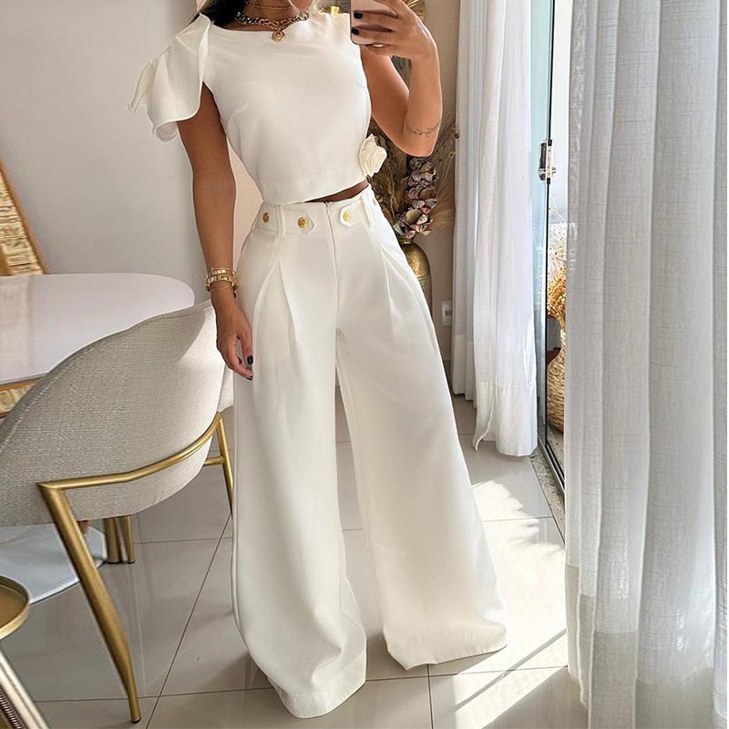 Women's Fashion Solid Color Single Room Petal Sleeve High Waist Temperament Pants Suit for Women