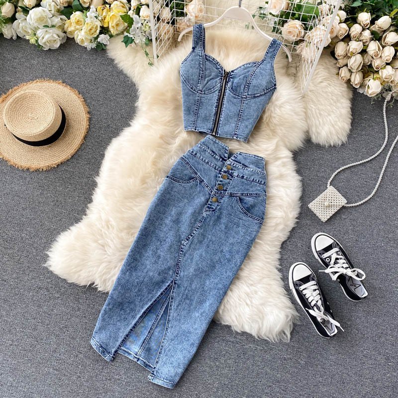 Women's fashion halter tank top high waisted denim skirt
