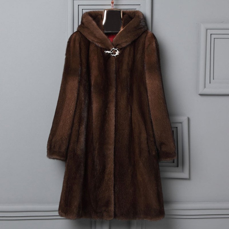 Women's Clothing fur coat high mink coat women's long Haining whole mink fur hooded casual