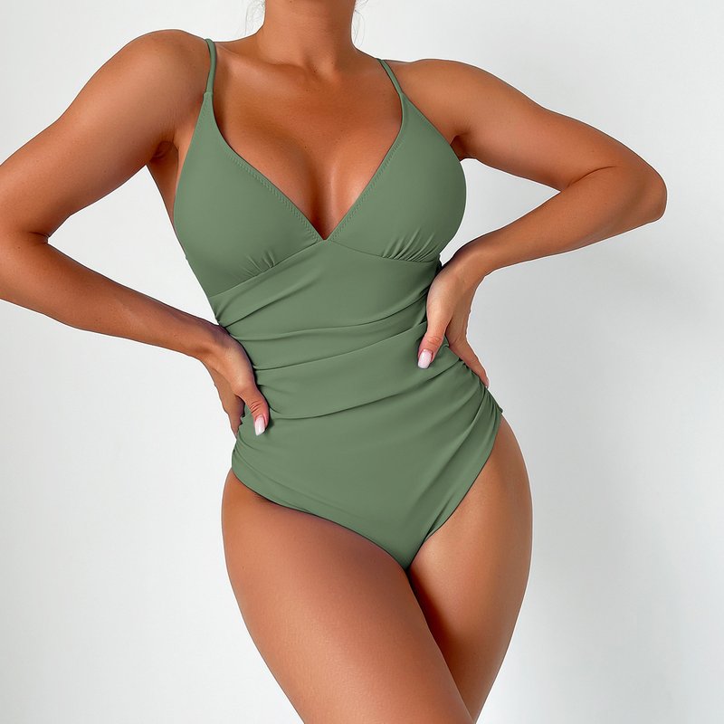 Women's Clothing Conservative One Piece Swimsuit Women's Deep V Solid Color Sexy Swimsuit With Chest Pad Tight Backless