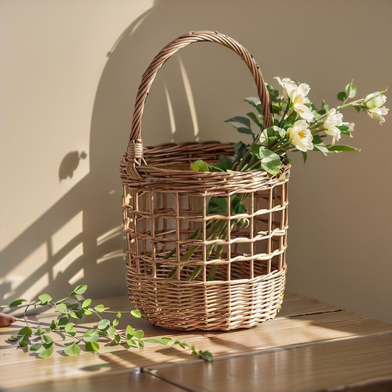 Handwoven Wicker Basket Open Weave Design With Sturdy Handles Multipurpose Fruit Vegetable Carrier Picnic Christmas Floral Decorative Basket