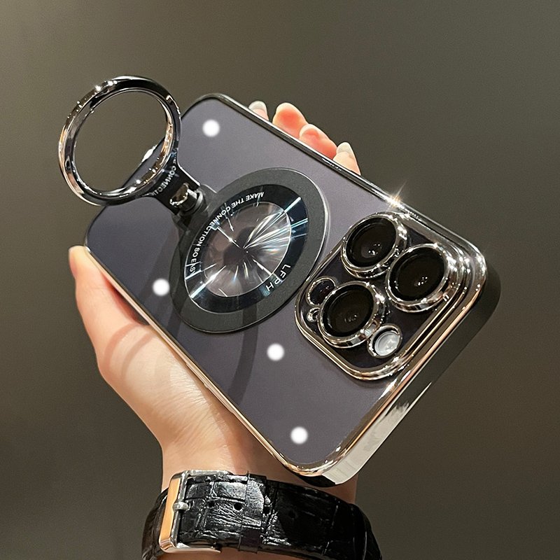 Plating Transparent Ring Bracket Stand Magnetic Case iPhone 15 Pro Max 14 13 12 11 For Magsafe Wireless Charging