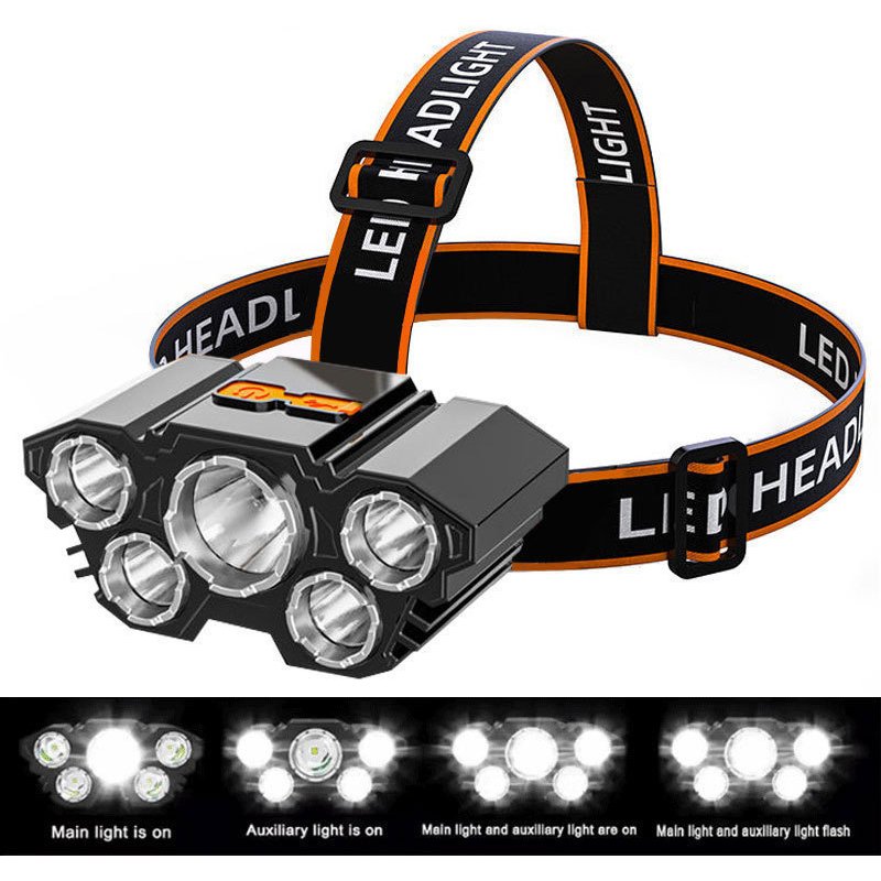 LED strong light five headlights USB charging super bright head mounted flashlight outdoor fishing waterproof headlight
