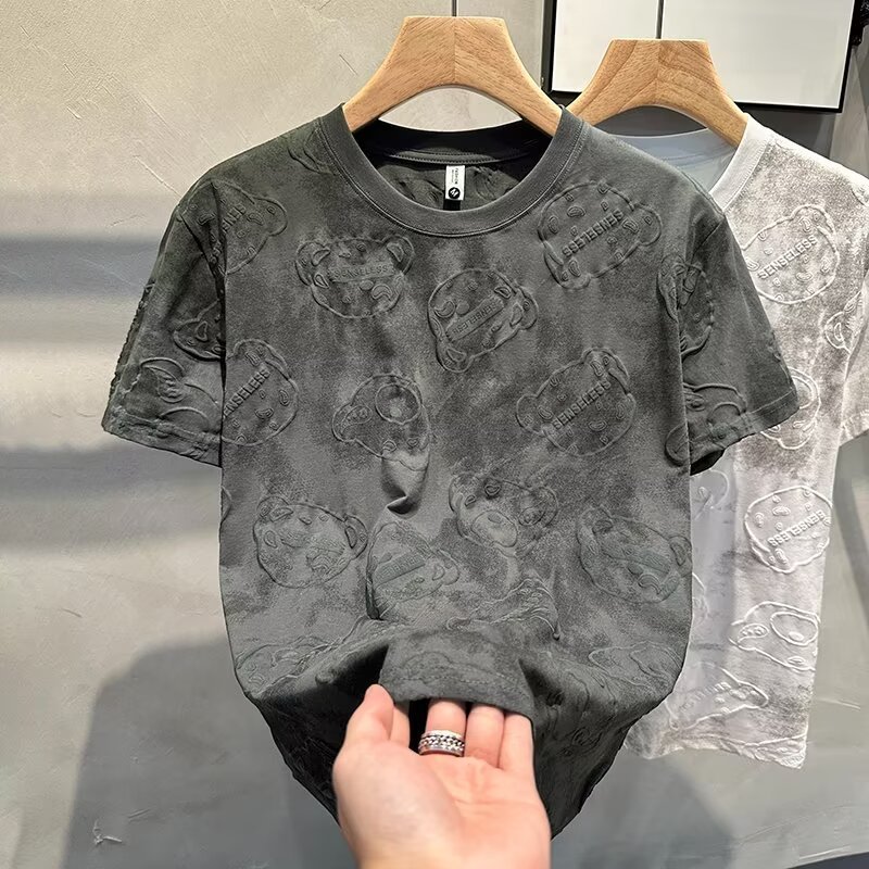 Men's Clothing Brand Textured Short Sleeved T Shirt Men's Versatile Light Luxury Casual Print Slim Camouflage Round Neck Top