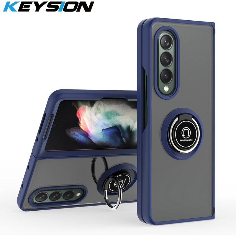 KEYSION Fashion Matte Case for Samsung Z Fold 3 5G Transparent Ring Stand Shockproof Phone Back Cover for Galaxy Fold 3