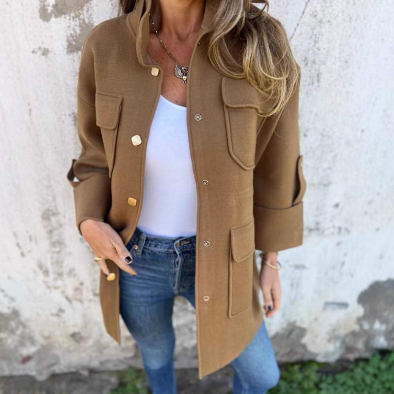 Women's Clothing women's fashion stand up collar nine point sleeves multi pocket double faced wool coat