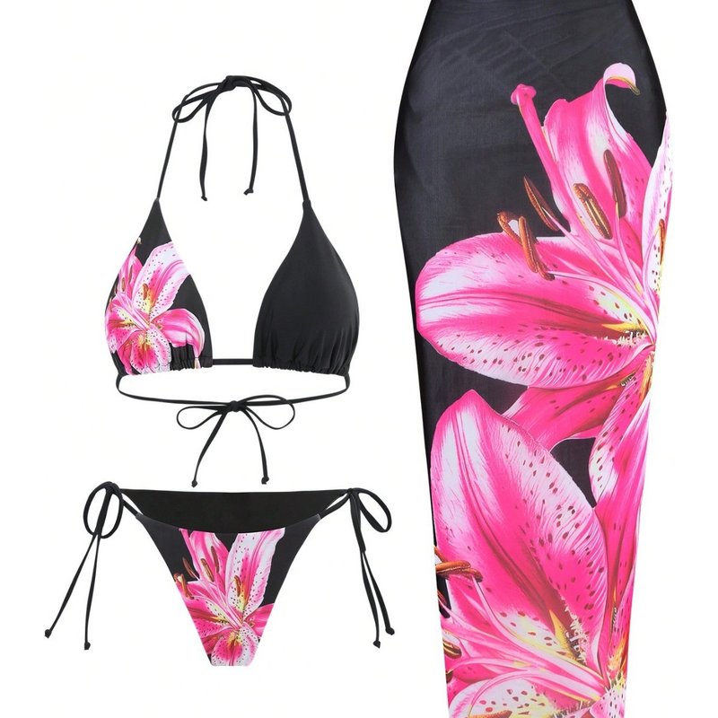 New foreign trade cross border European and American style sexy printed three piece swimsuit charm lily fixed version printed model