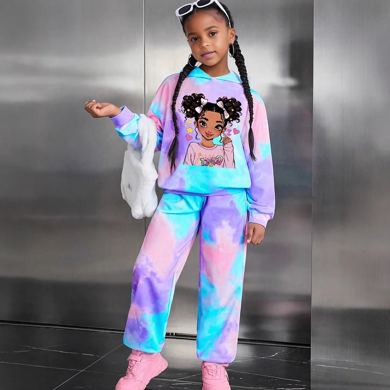 Kids’ Clothing Girls Cool Girl Stylish Tie Dye Full Print Trousers 2 Piece Autumn Suit Suitable