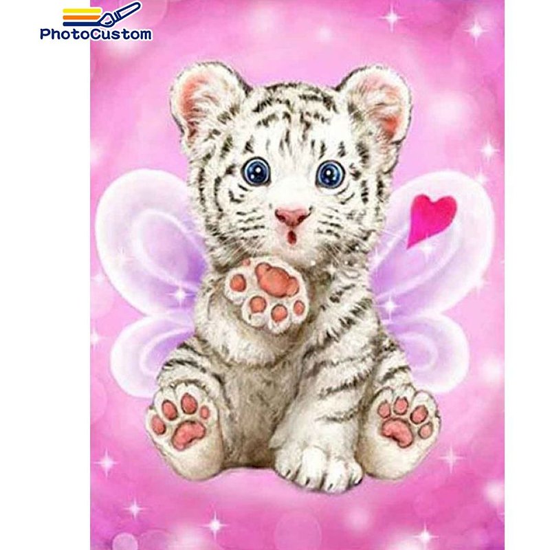 PhotoCustom 5d Diy Round Diamond PaintingCute Little Tiger Full Square Diamond Mosaic Handicraft Kits Wall Art Home Decor