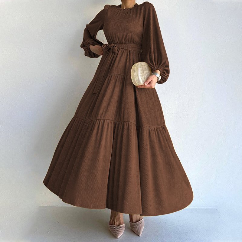 Women's Clothing new solid color fashionable and elegant Muslim dress with belt