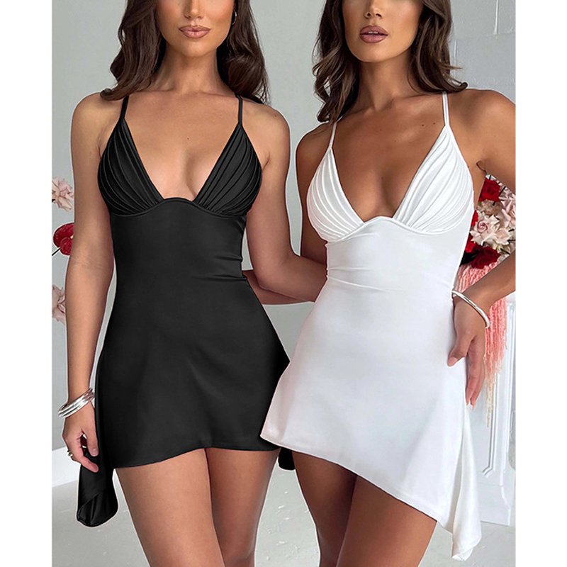 Temperament Women's Sexy V-neck Bra Dress with Waist Wrap High Waist Dress Solid Elegant Short Skirt